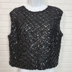 Vintage 1950s Gregory Shell Top‎ sz 16 Black Sequin Lace Chiffon Button Back Mod